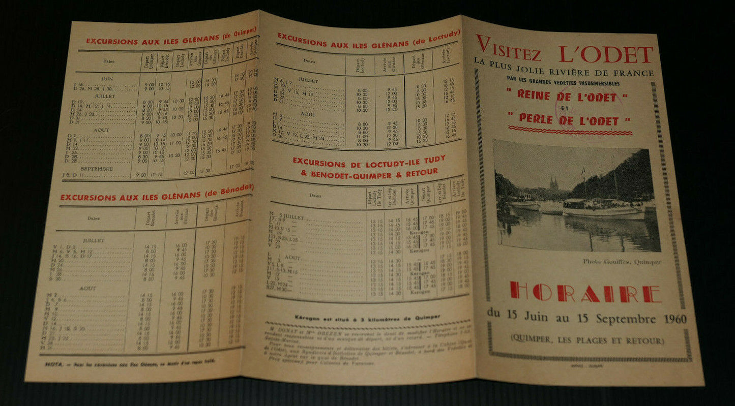 ANCIEN DEPLIANT TOURISTIQUE VISITEZ L'ODET QUIMPER GUIDE + HORAIRE VEDETTES 1960