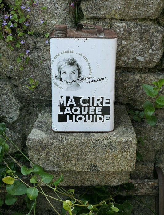 ANCIEN BIDON CIRE LAQUEE TOLE CIRCA 1960 DECO PUB VINTAGE