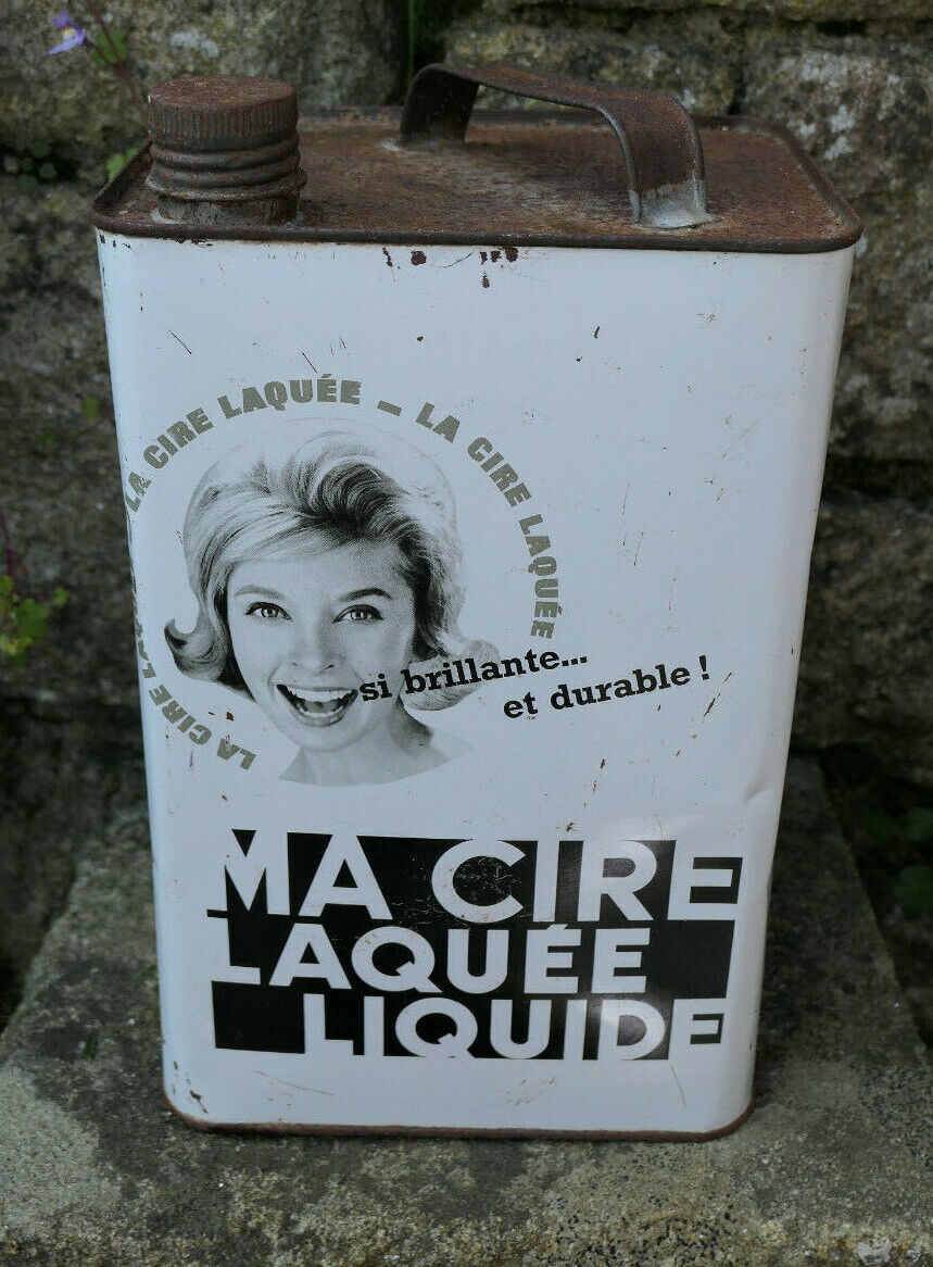 ANCIEN BIDON CIRE LAQUEE TOLE CIRCA 1960 DECO PUB VINTAGE