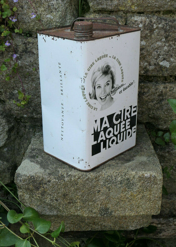 ANCIEN BIDON CIRE LAQUEE TOLE CIRCA 1960 DECO PUB VINTAGE