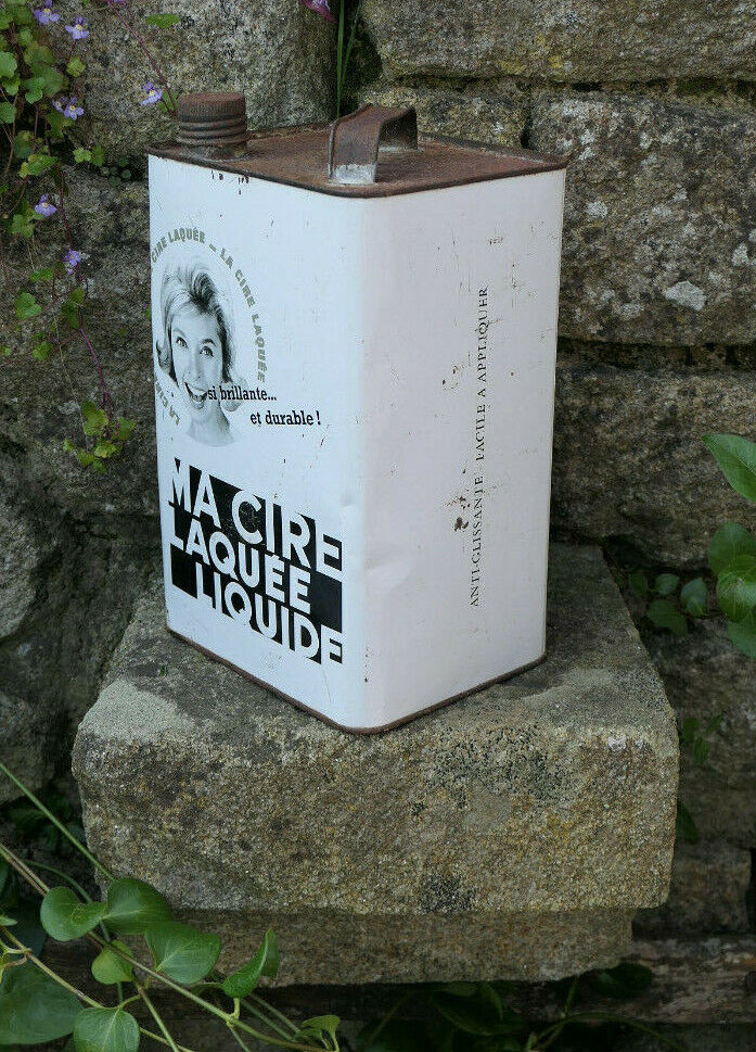 ANCIEN BIDON CIRE LAQUEE TOLE CIRCA 1960 DECO PUB VINTAGE