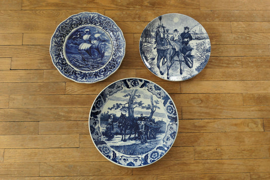 LOT DE 3 GRANDES ANCIENNES ASSIETTES DECORATIVES FAIENCE DELFT