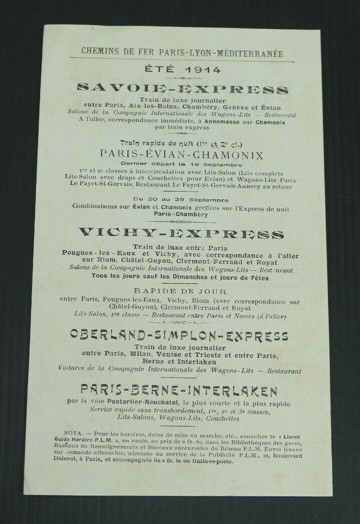 ANCIENNE PUBLICITE REVUE TRIMESTRIELLE "LE PLM ILLUSTRE" ETE 1914 TRAIN VOYAGE