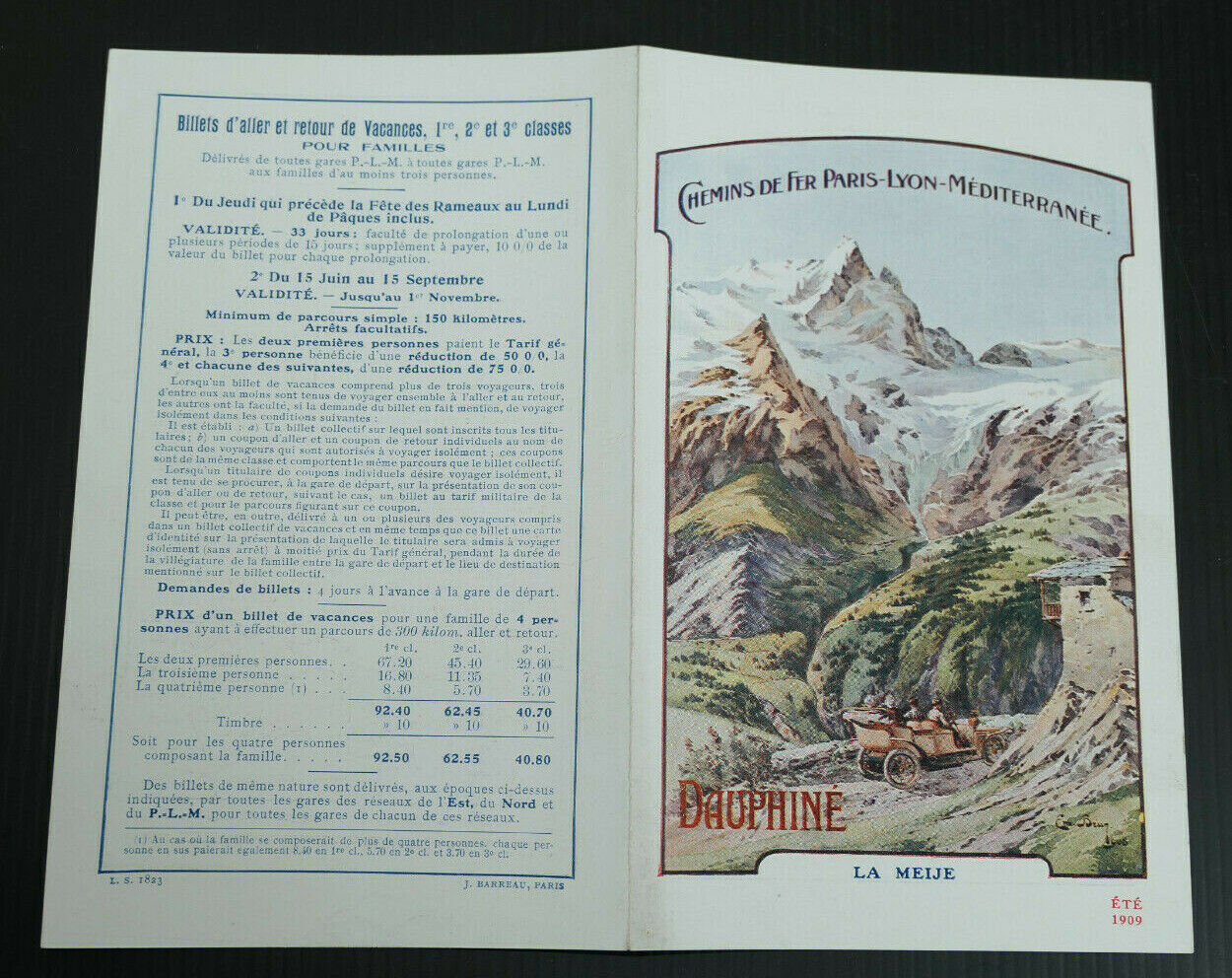 ANCIEN DEPLIANT TOURISME CHEMINS DE FER TRAIN PLM DAUPHINE LA MEIJE ETE 1909