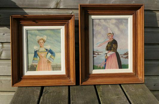 PAIRE ANCIENS TABLEAUX PEINTURES PORTRAITS FEMMES BRETONNES COIFFES BRETAGNE