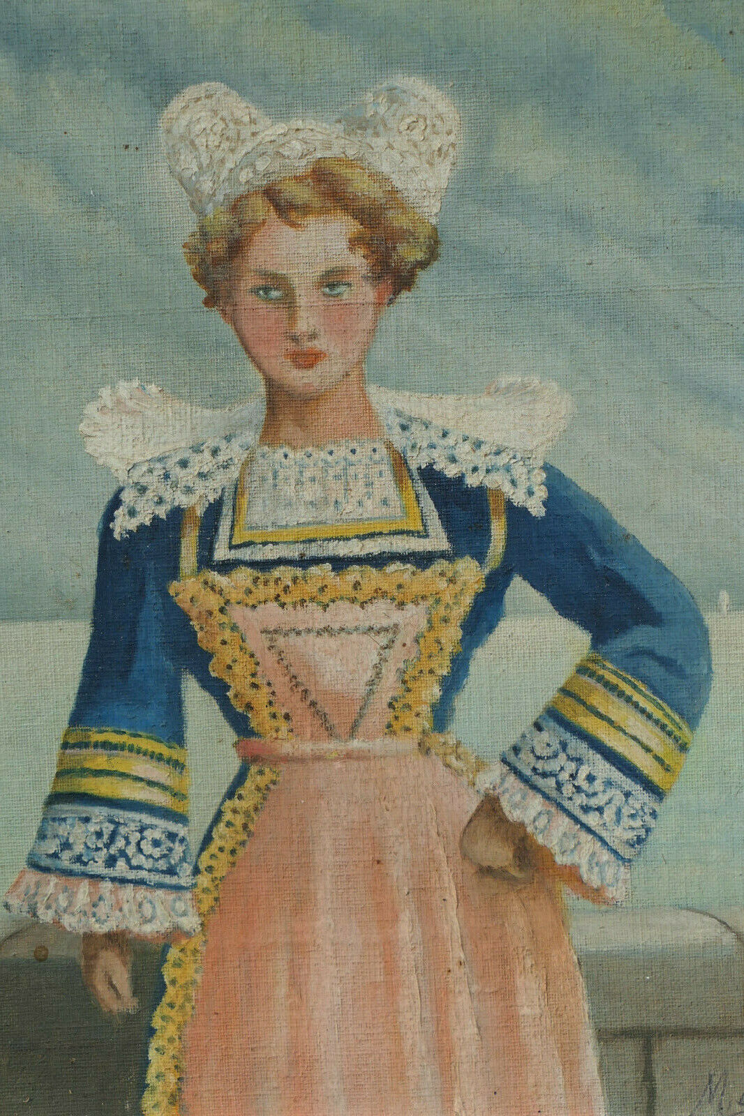PAIRE ANCIENS TABLEAUX PEINTURES PORTRAITS FEMMES BRETONNES COIFFES BRETAGNE