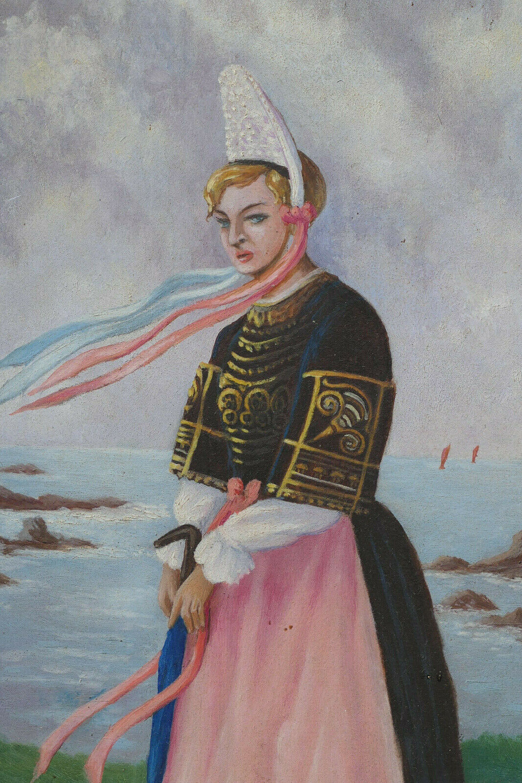 PAIRE ANCIENS TABLEAUX PEINTURES PORTRAITS FEMMES BRETONNES COIFFES BRETAGNE