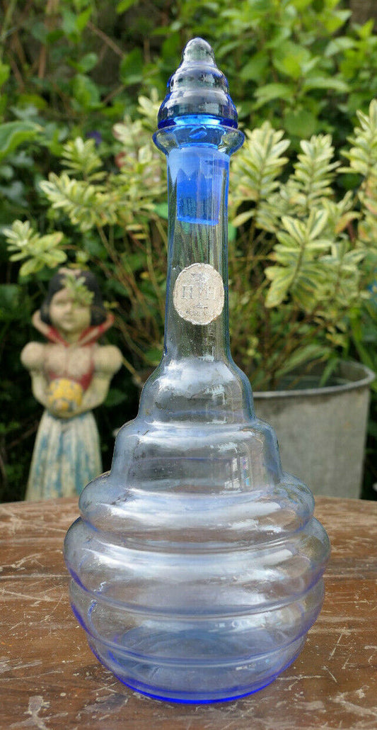 ANCIENNE PETITE CARAFE EN VERRE SOUFFLE H H BOHEMIA BLUE GLASS BOTTLE ART DECO