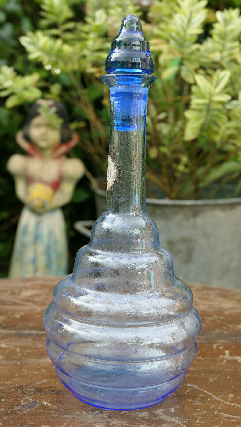 ANCIENNE PETITE CARAFE EN VERRE SOUFFLE H H BOHEMIA BLUE GLASS BOTTLE ART DECO