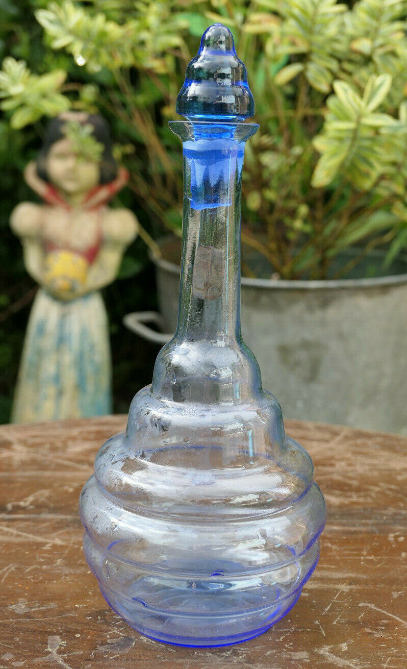 ANCIENNE PETITE CARAFE EN VERRE SOUFFLE H H BOHEMIA BLUE GLASS BOTTLE ART DECO