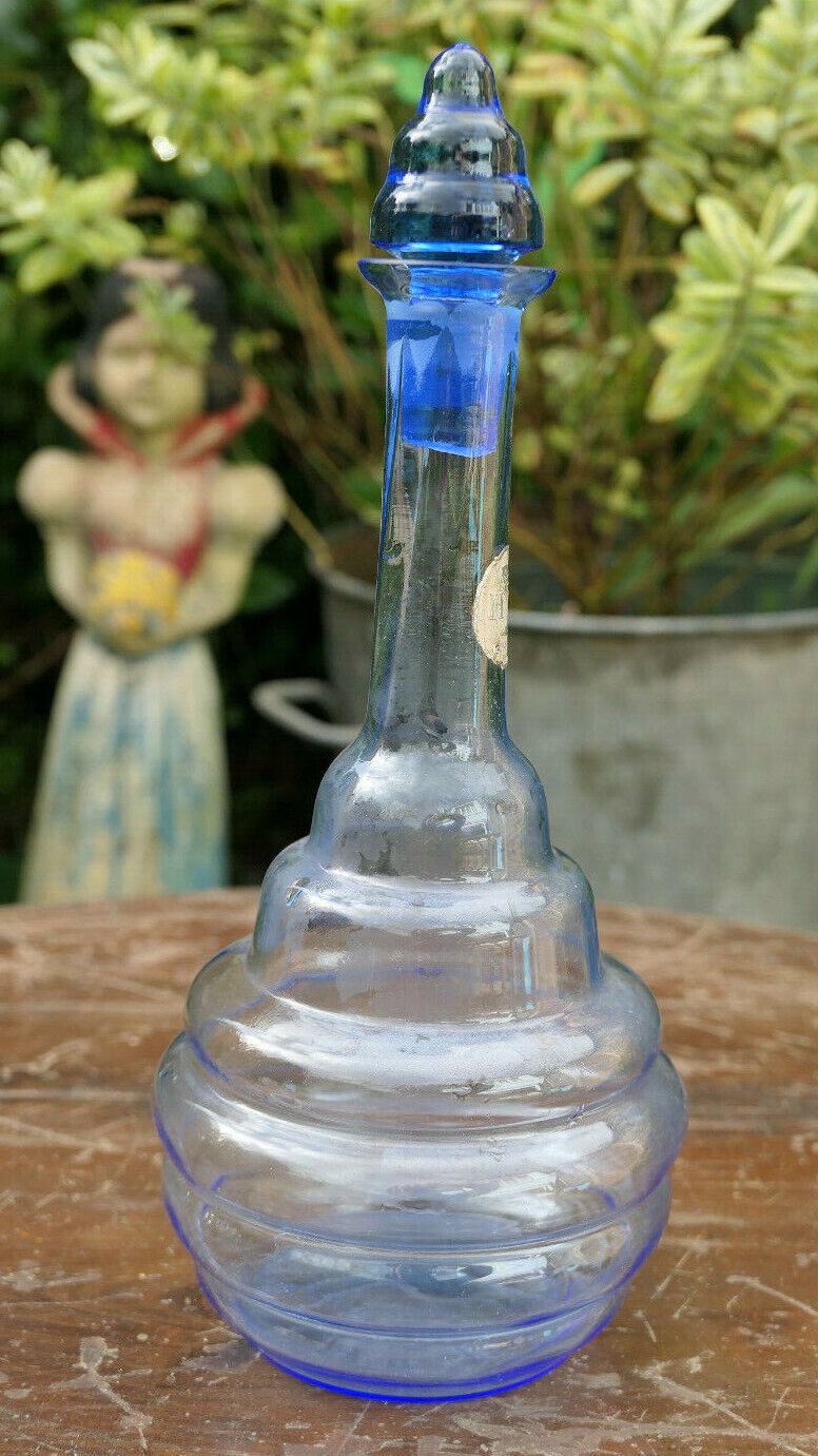 ANCIENNE PETITE CARAFE EN VERRE SOUFFLE H H BOHEMIA BLUE GLASS BOTTLE ART DECO