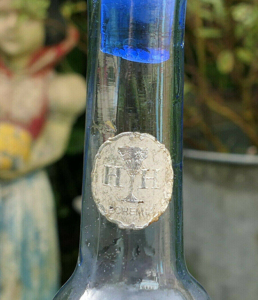 ANCIENNE PETITE CARAFE EN VERRE SOUFFLE H H BOHEMIA BLUE GLASS BOTTLE ART DECO