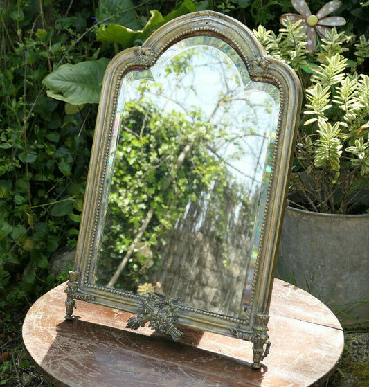 ANCIEN MIROIR DE TABLE A POSER XIXe GLACE BISEAUTEE METAL DORE