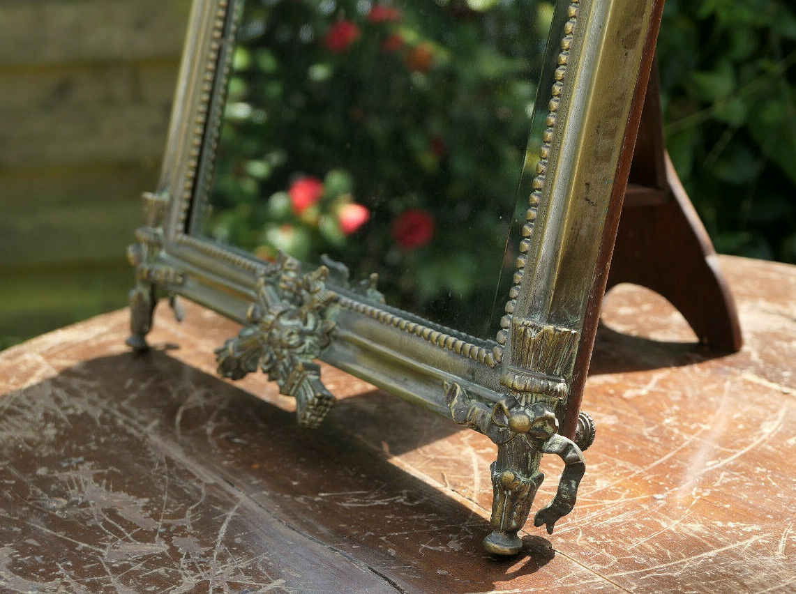 ANCIEN MIROIR DE TABLE A POSER XIXe GLACE BISEAUTEE METAL DORE