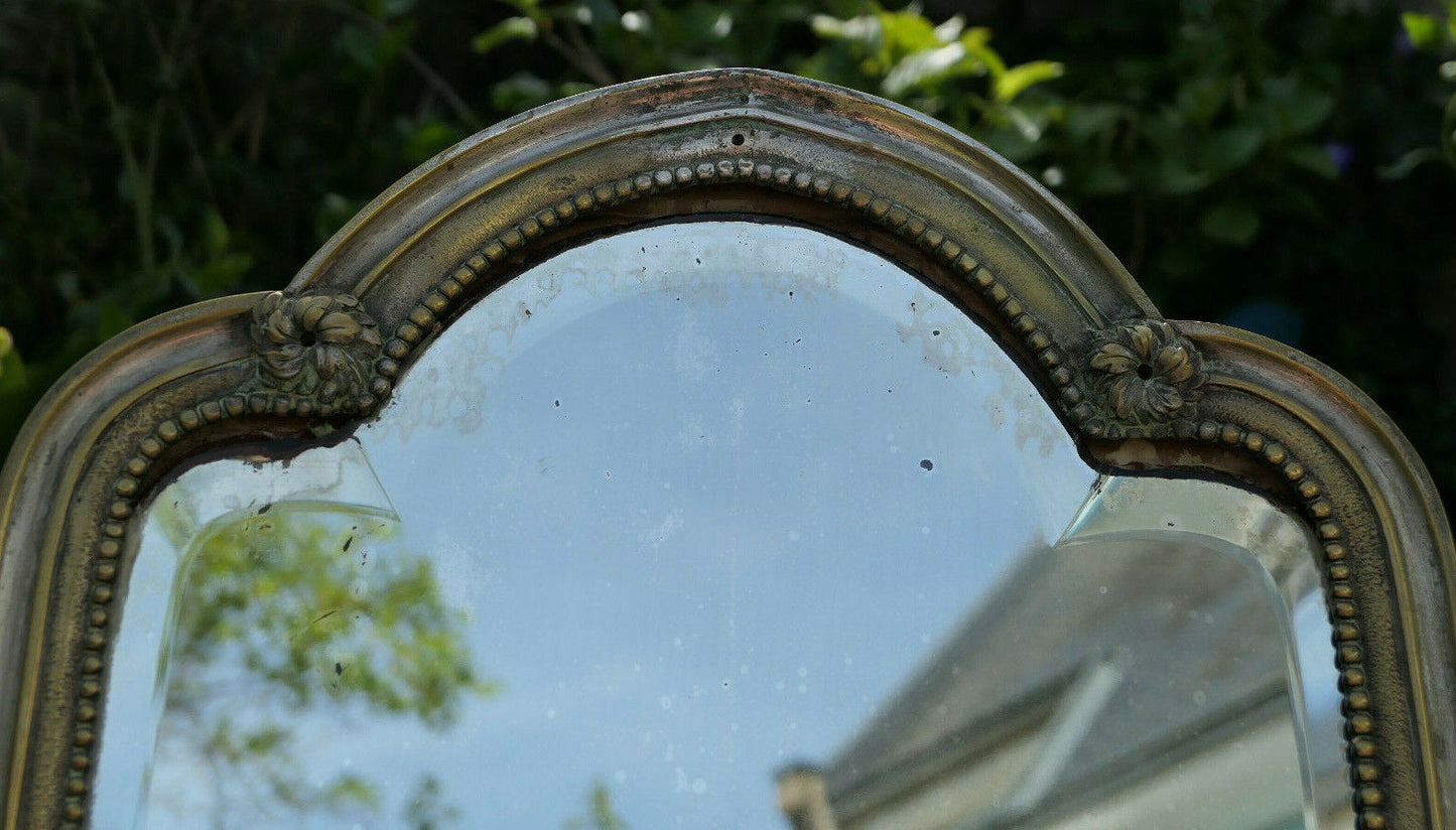 ANCIEN MIROIR DE TABLE A POSER XIXe GLACE BISEAUTEE METAL DORE