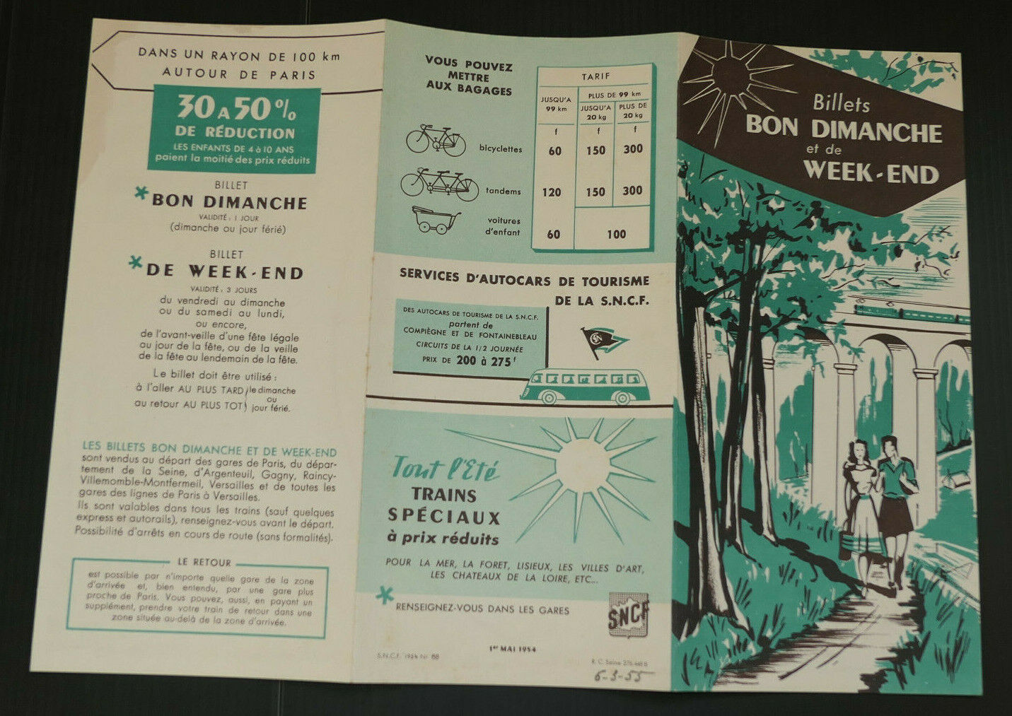 ANCIEN DEPLIANT TOURISME TRAIN SNCF 1954 BILLETS BON DIMANCHE ET DE WEEK-END