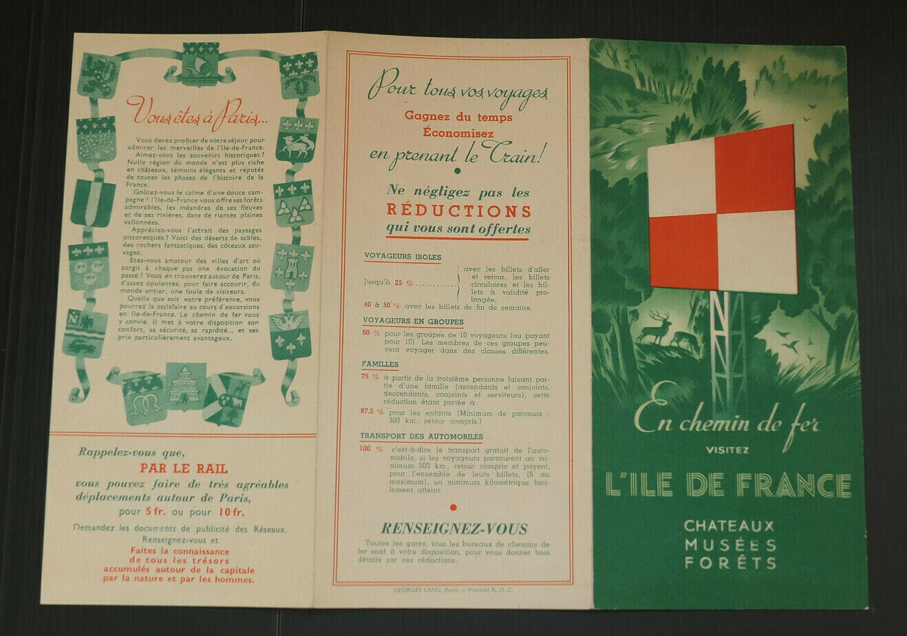 ANCIEN DEPLIANT TOURISME EN CHEMIN DE FER VISITEZ L'ILE DE FRANCE CIRCA 1935