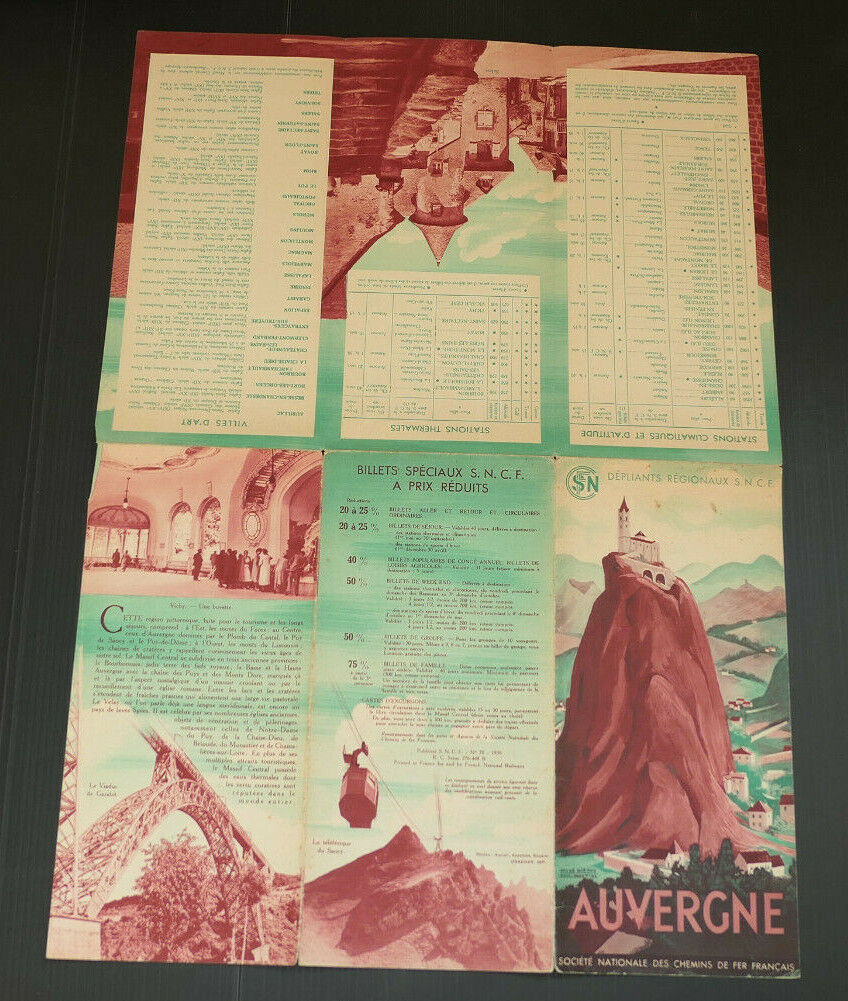 ANCIEN DEPLIANT TOURISME SNCF TRAIN AUVERGNE 1939