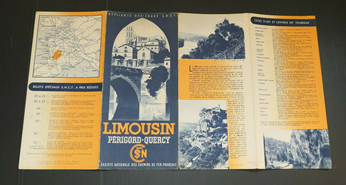 ANCIEN DEPLIANT TOURISME SNCF TRAIN LIMOUSIN PERIGORD QUERCY 1938