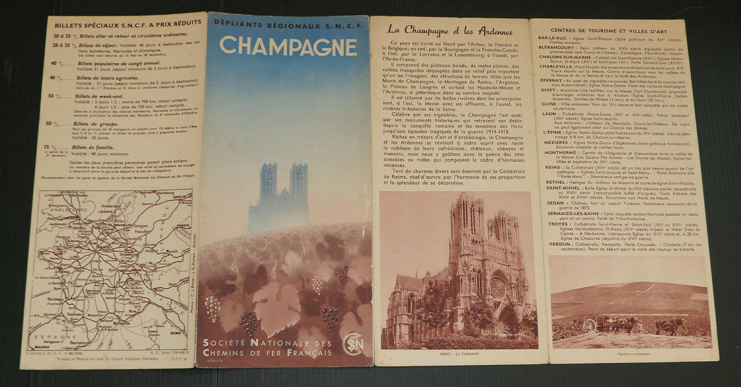 ANCIEN DEPLIANT TOURISME SNCF TRAIN CHAMPAGNE 1938