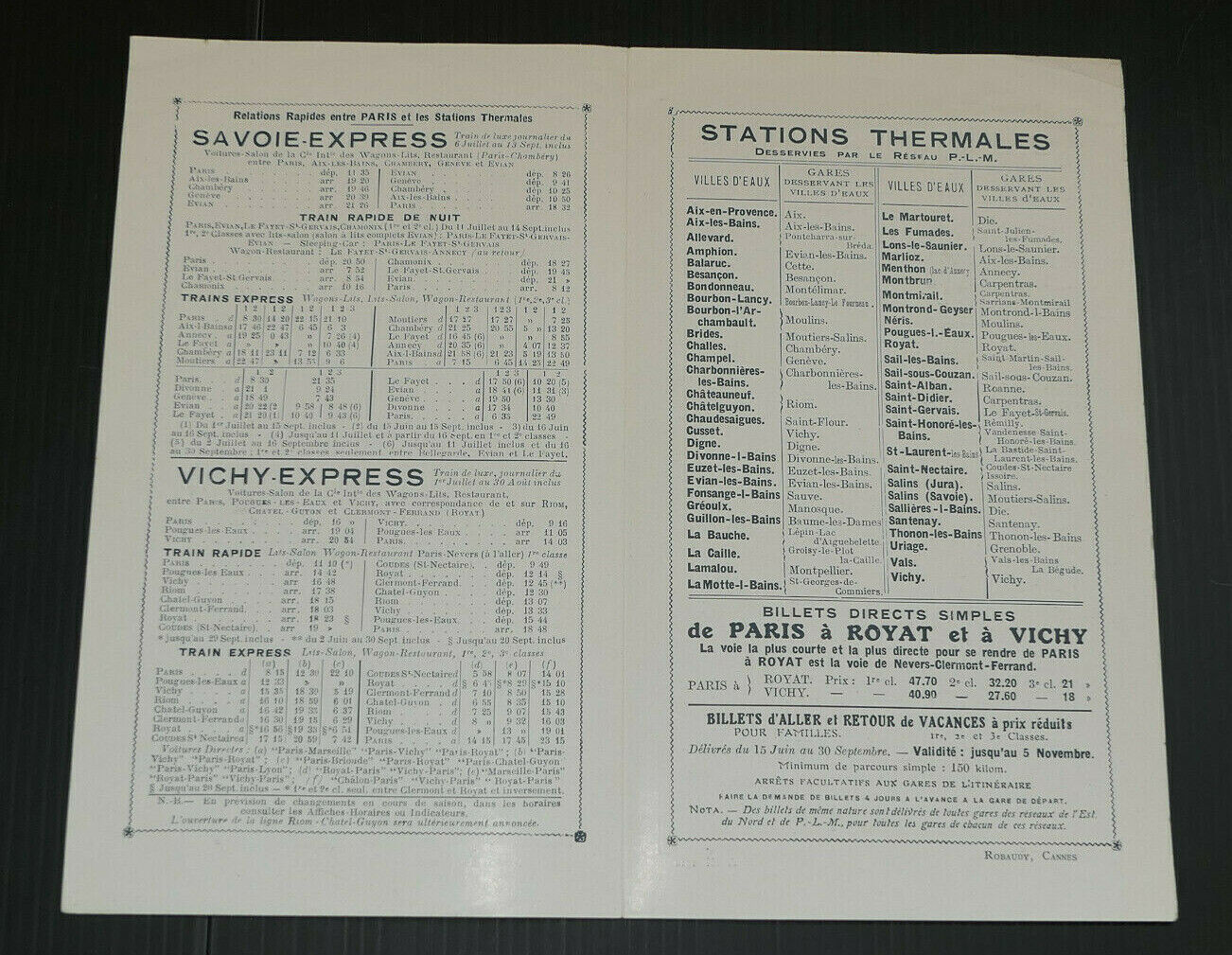 ANCIEN DEPLIANT TOURISME STATIONS THERMALES DU RESEAU PLM SAISON D'ETE 1912