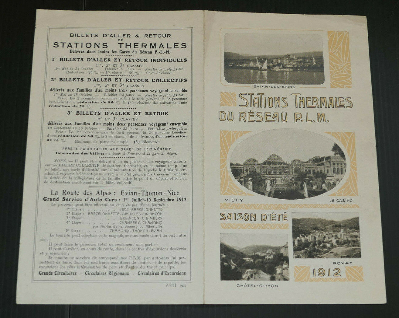 ANCIEN DEPLIANT TOURISME STATIONS THERMALES DU RESEAU PLM SAISON D'ETE 1912