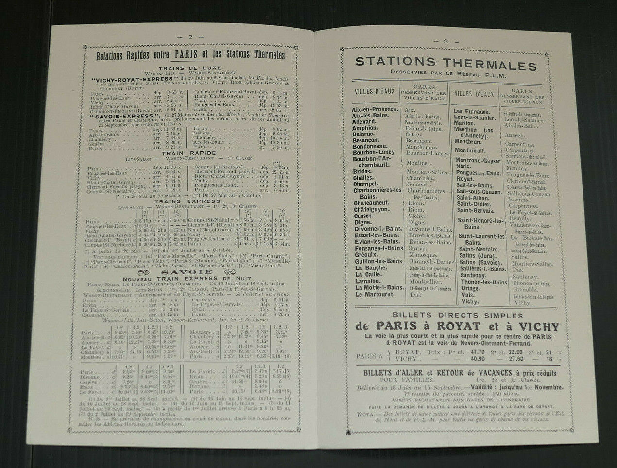 ANCIEN DEPLIANT TOURISME CHEMINS DE FER PLM SAISON THERMALE 1909