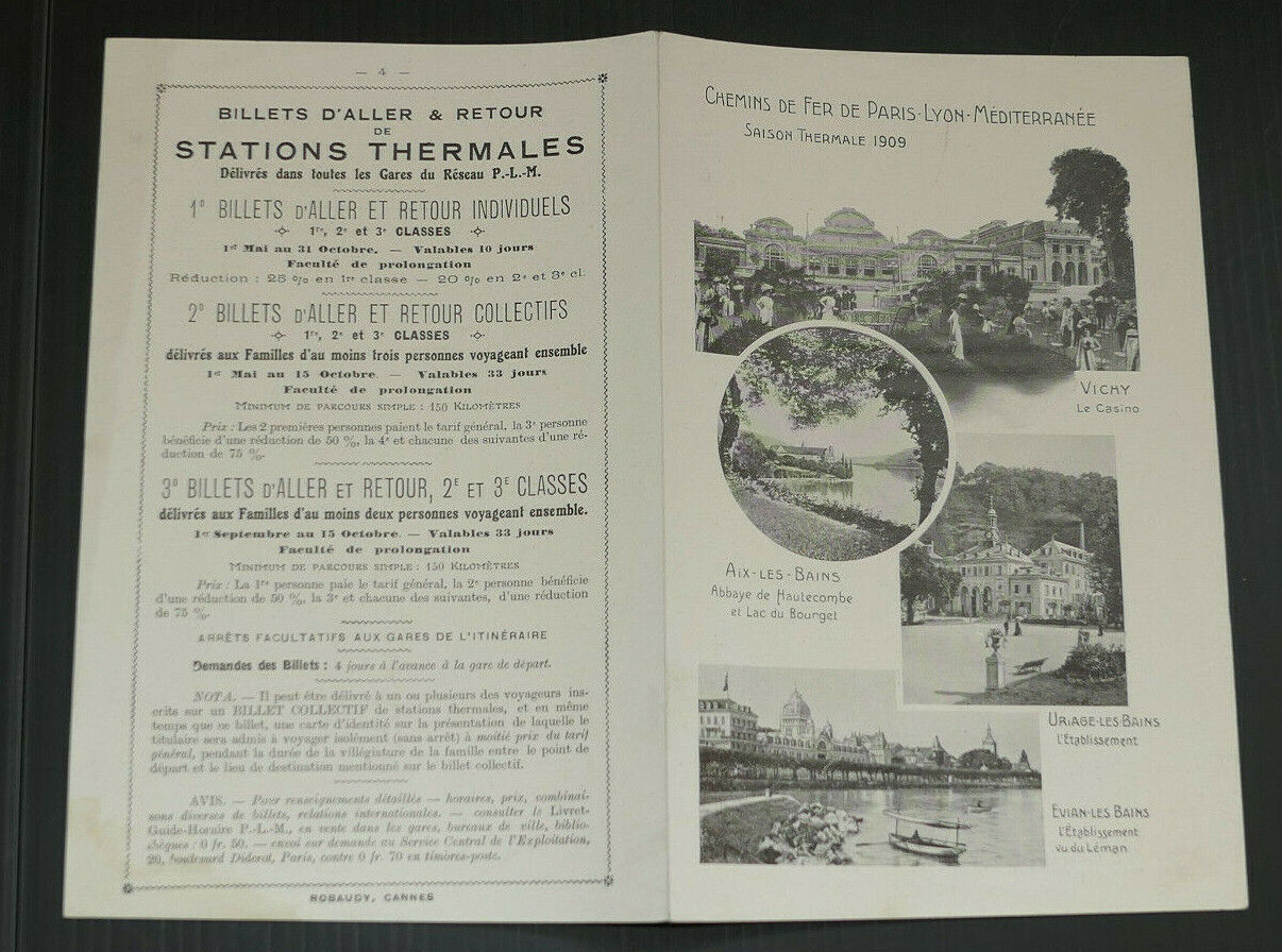ANCIEN DEPLIANT TOURISME CHEMINS DE FER PLM SAISON THERMALE 1909