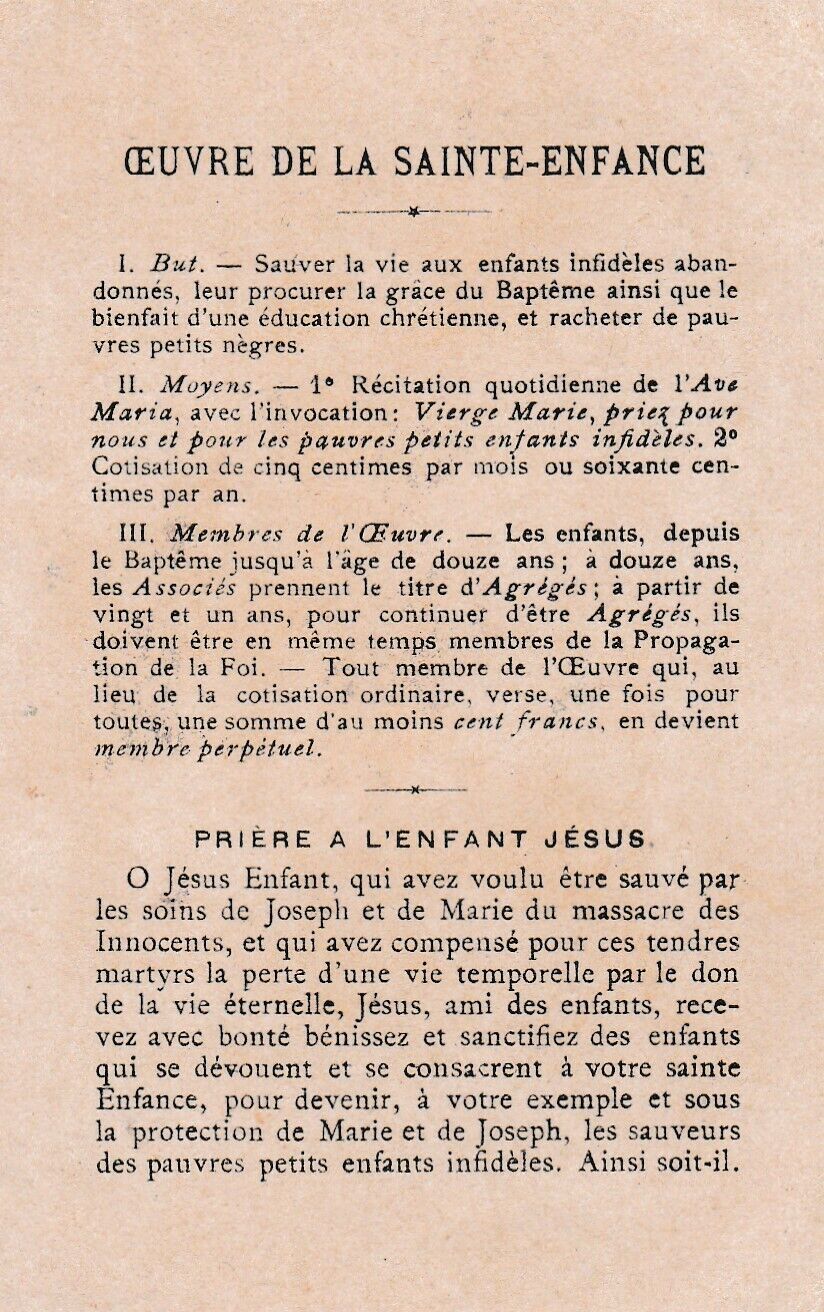 ANCIENNE IMAGE PIEUSE HOLY CARD TURGIS OEUVRE DE LA SAINTE-ENFANCE 1894