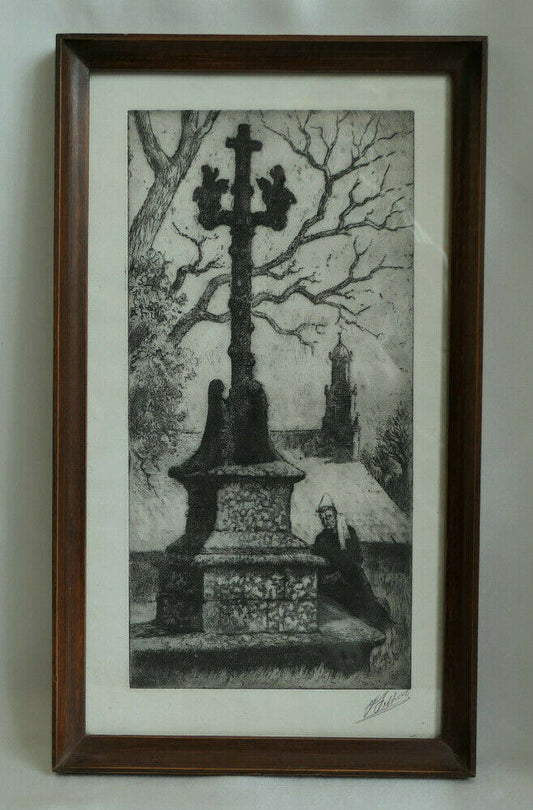 ANCIENNE GRAVURE BRETAGNE FINISTERE CALVAIRE FEMME COIFFE PRIERE SIGNATURE