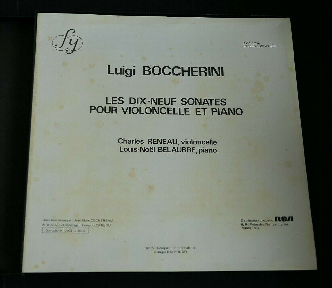 BOCCHERINI 19 SONATES VIOLONCELLE PIANO / RENEAU BELAUBRE FY BOX 4LP NUDE COVER