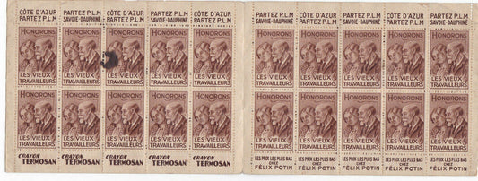 ANCIEN CARNET 20 TIMBRES HONORONS LES VIEUX TRAVAILLEURS PUBLICITE PLM