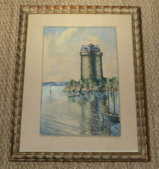 ANCIENNE PEINTURE AQUARELLE TABLEAU SIGNE LUCIEN-MARIE LE GARDIEN SAINT-SERVAN