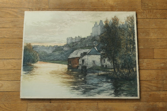 ANCIENNE GRAVURE AQUATINTE PAYSAGE BORD DE RIVIERE ET VILLE A IDENTIFIER