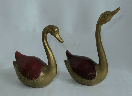 PAIRE DE CYGNES EN LAITON ET CUIR DECO OISEAU BRASS LEATHER SWAN BIRD