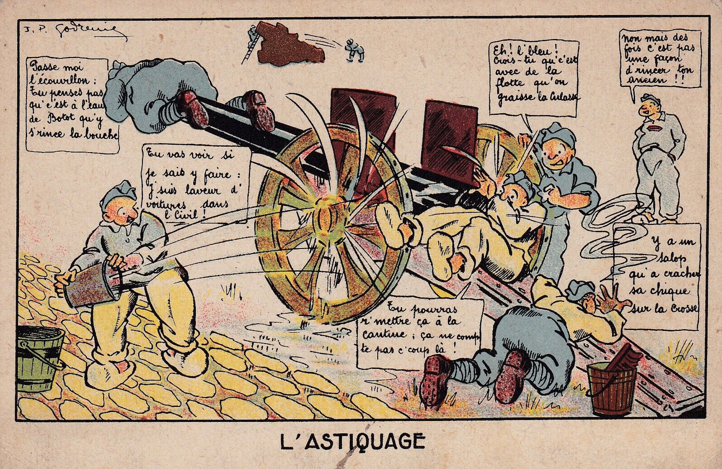 LOT DE 2 CARTES POSTALES ANCIENNES CPA MILITARIA MISE EN BATTERIE / L'ASTIQUAGE