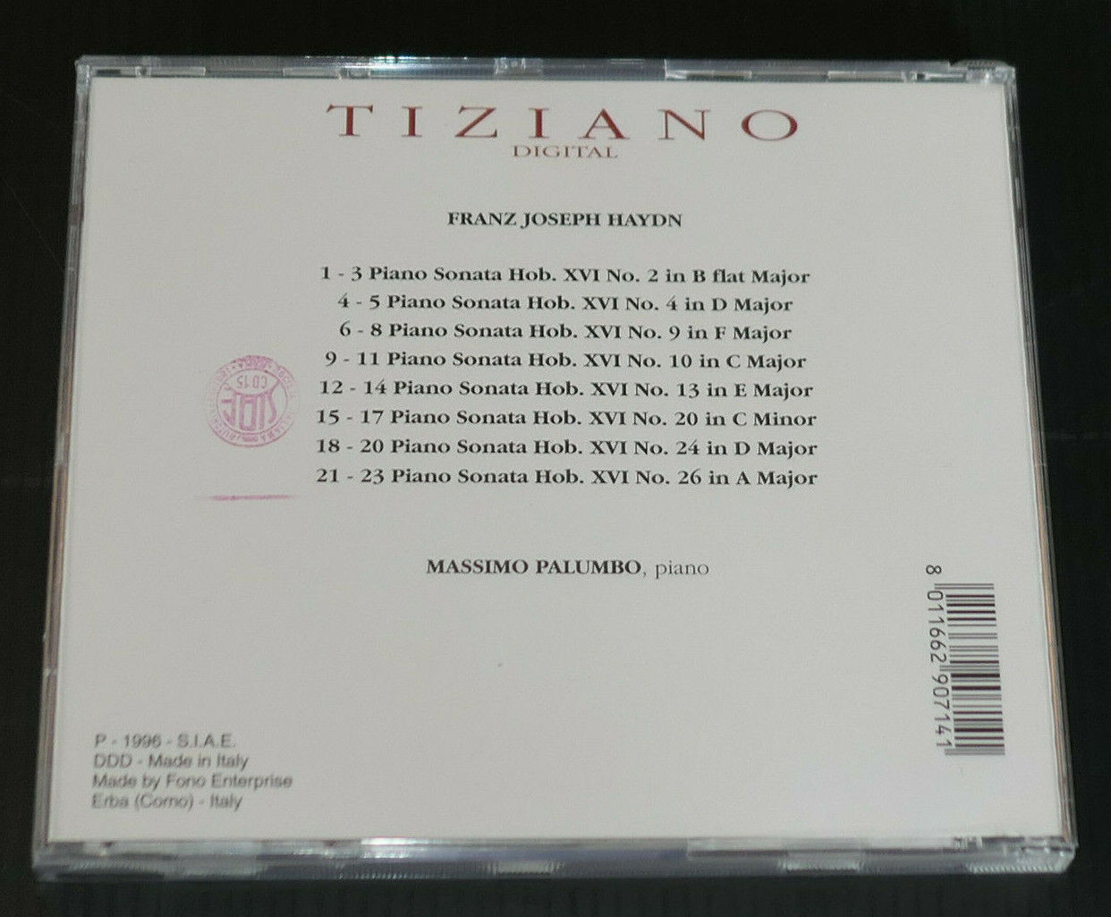 CD HAYDN RARE PIANO SONATAS / MASSIMO PALUMBO / TIZIANO 1996 ITALY