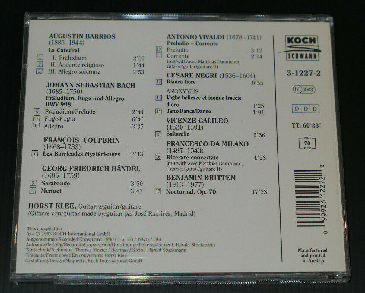 CD HORST KLEE PLAYS BARRIOS BACH BRITTEN COUPERIN HANDEL VIVALDI DA MILANO 1993