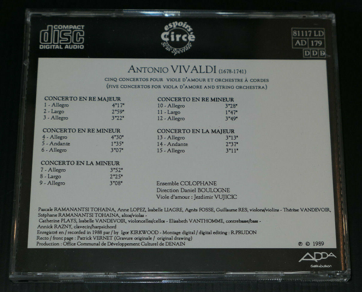 CD ENSEMBLE COLOPHANE / VIVALDI CONCERTOS POUR VIOLE D'AMOUR / CIRCE 1989