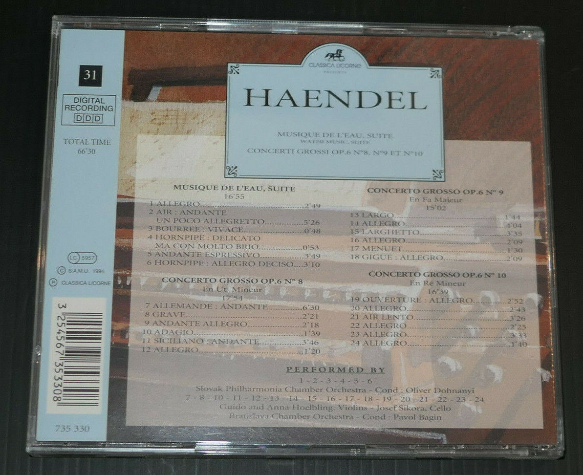CD HAENDEL / MUSIQUE DE L'EAU / CONCERTI GROSSI / CLASSICA LICORNE 1994