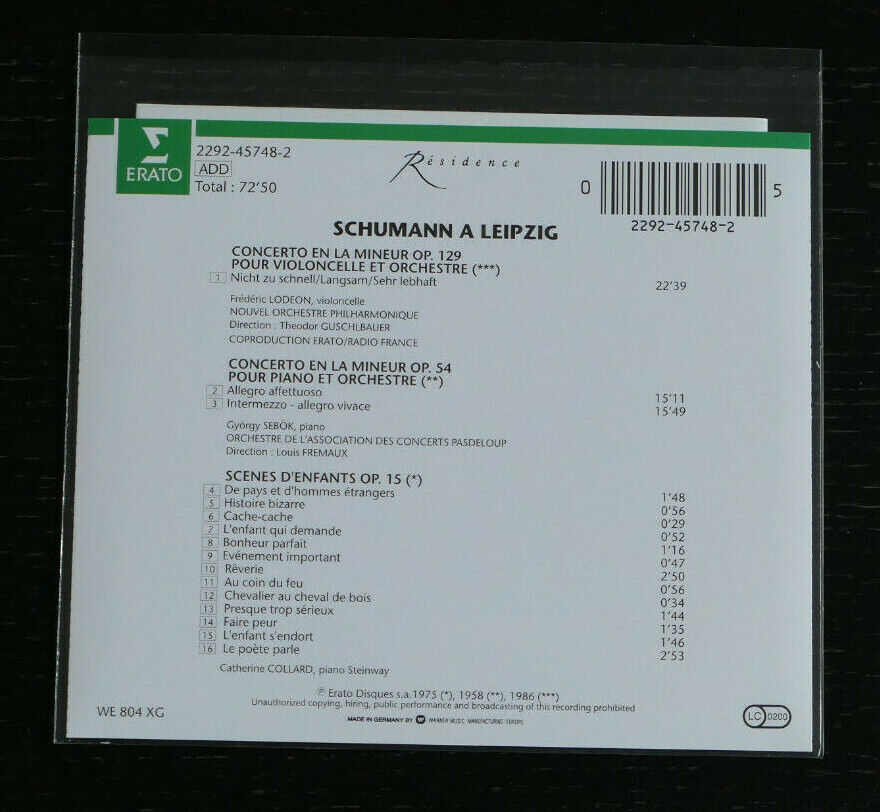 CD SCHUMANN A LEIPZIG / ERATO RESIDENCE 1986