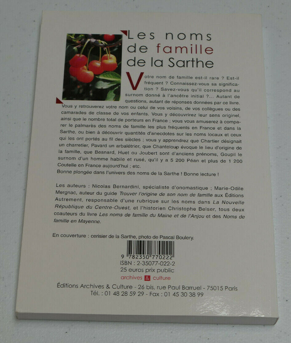 LES NOMS DE FAMILLE DE LA SARTHE / ARCHIVES & CULTURE 2006 / ONOMASTIQUE