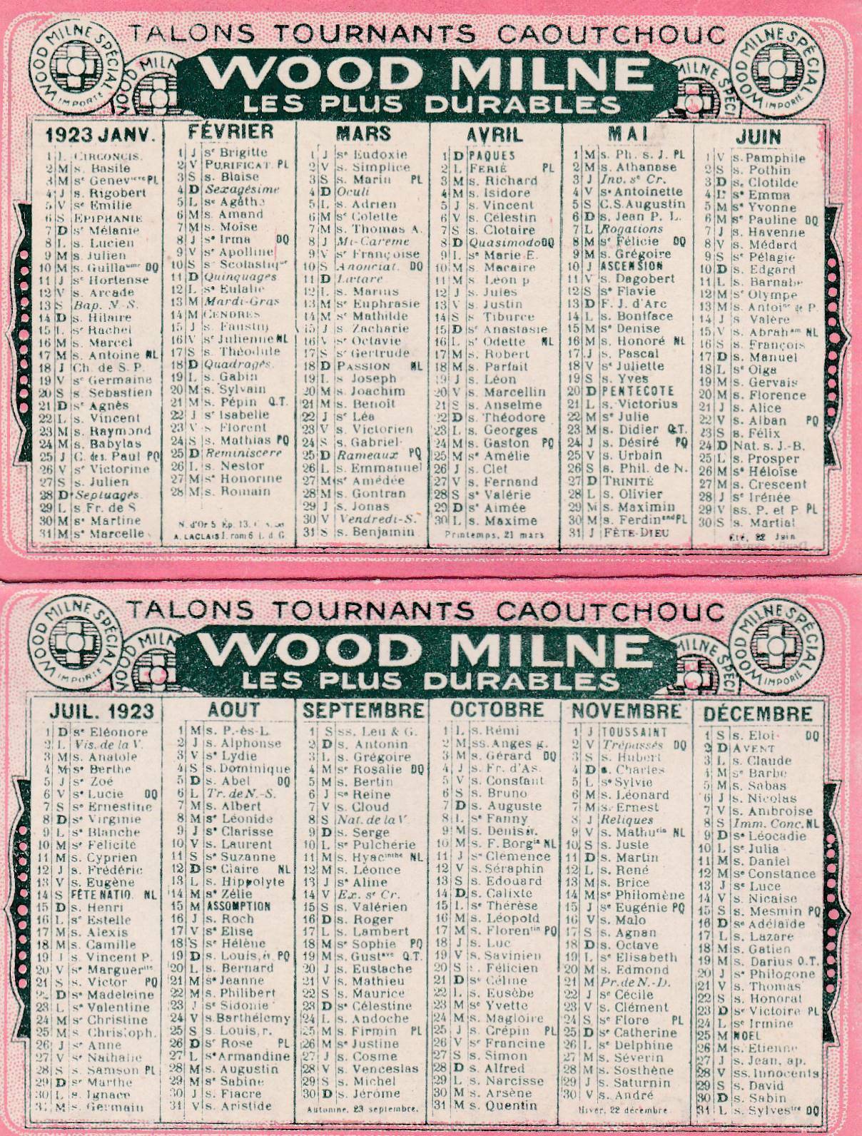 ANCIENNE PUBLICITE CALENDRIER 1923 TALONS WOOD MILNE SPECIAL ANTIQUE ADVERTISING