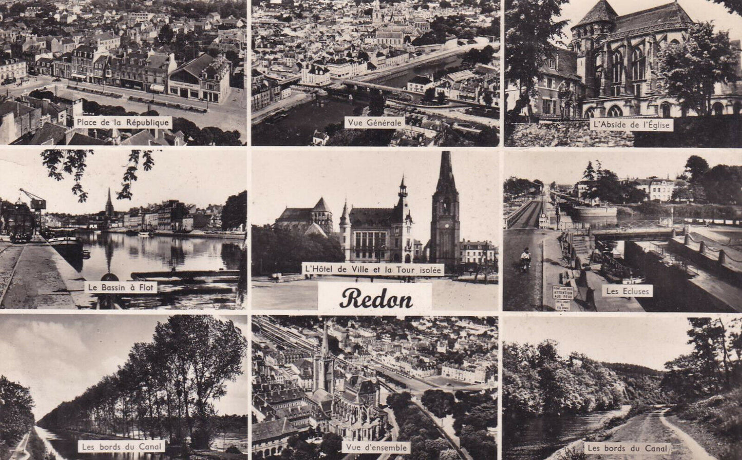 CARTE POSTALE CPSM NOIR & BLANC / REDON MULTIVUE (1956)