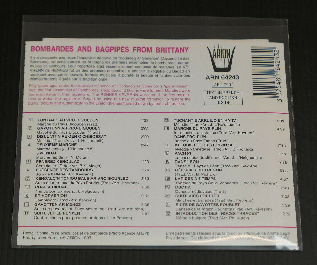CD BOMBARDES ET BINIOUS DE BRETAGNE / BAGAD KADOUDAL KEVRENN RENNES / ARION 1993