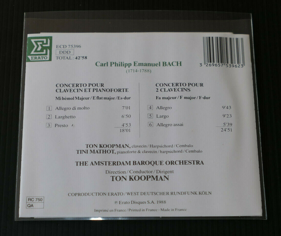 CD C.P.E. BACH DOUBLE CONCERTO CLAVECIN & PIANOFORTE / TON KOOPMAN / ERATO 1988