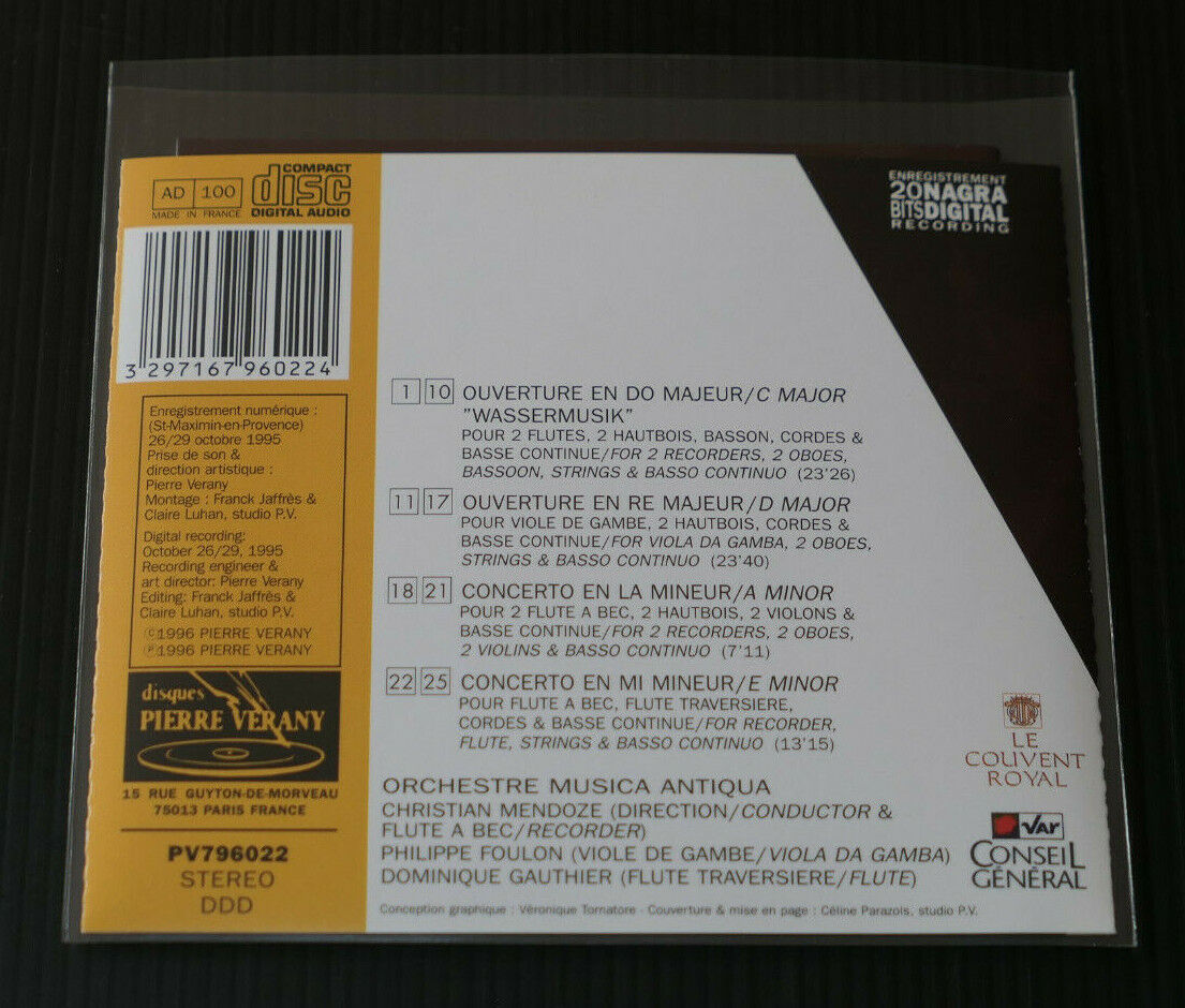 CD TELEMANN / WASSERMUSIK / CHRISTIAN MENDOZE ORCHESTRE MUSICA ANTIQUA / 1996