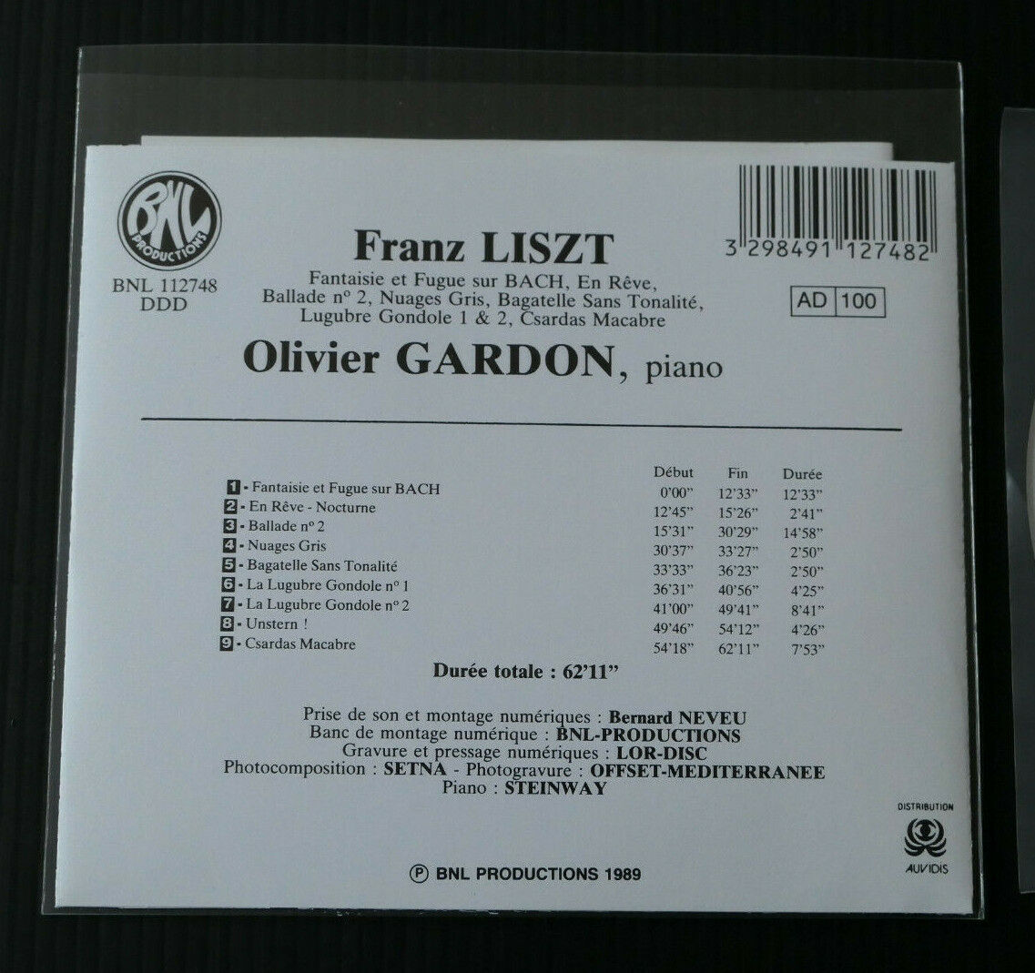 CD FRANZ LISZT / OLIVIER GARDON PIANO / BNL 1989
