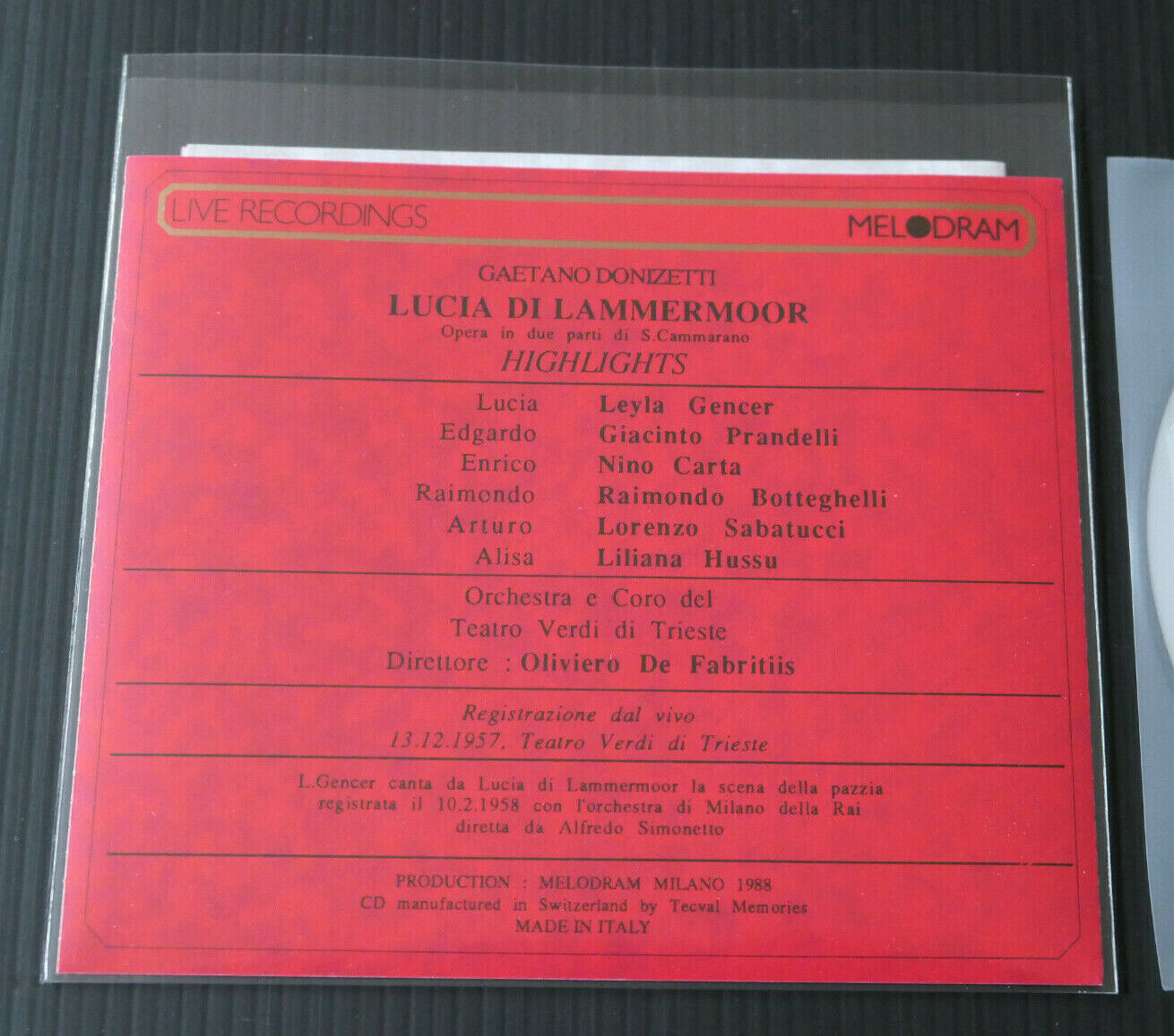 CD GAETANO DONIZETTI / LUCIA DI LAMMERMOOR / OLIVIERO DE FABRITIIS / 1988