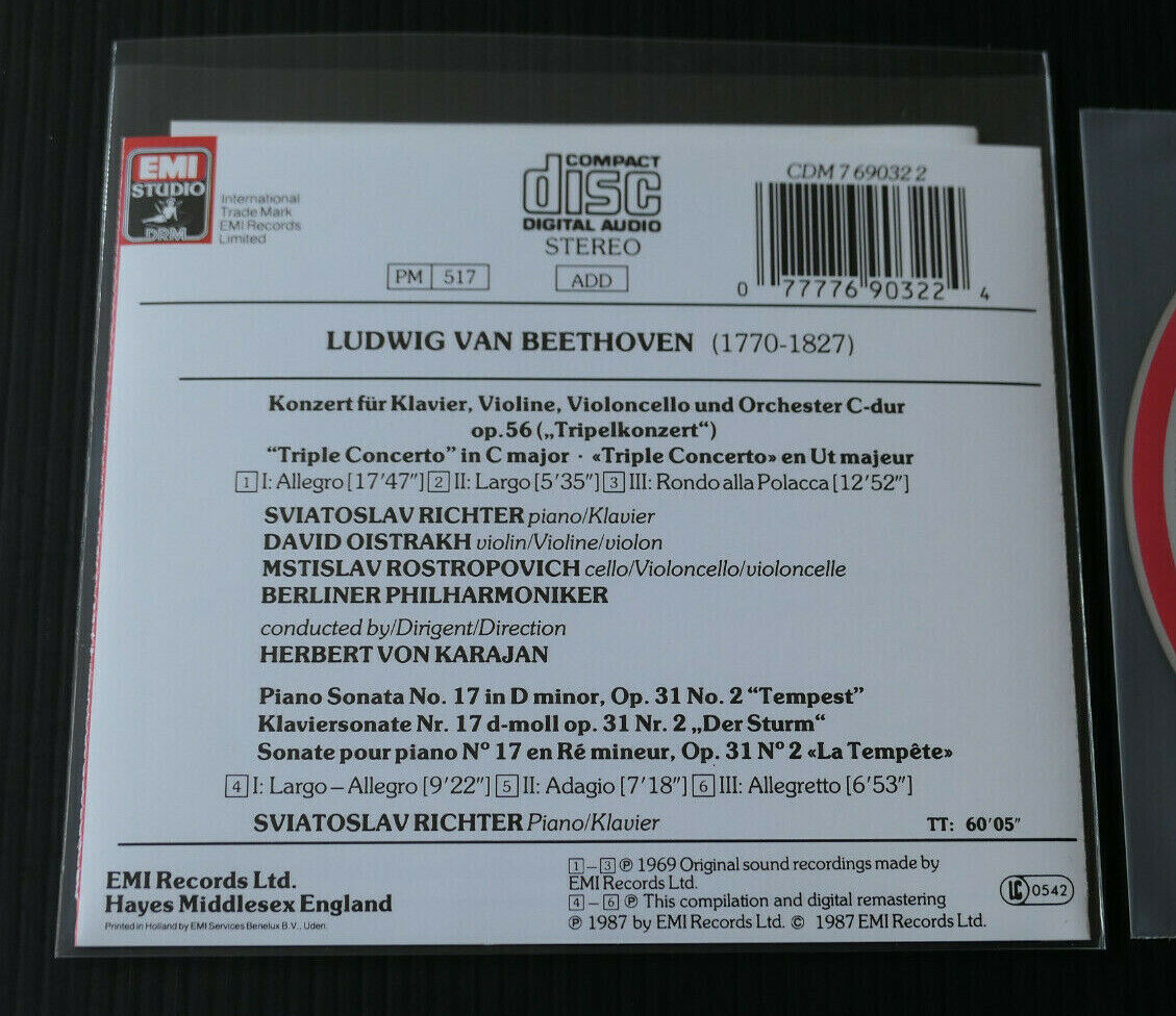 CD BEETHOVEN / TRIPELKONZERT KLAVIERSONATE OP.31/2 HERBERT VON KARAJAN / 1987
